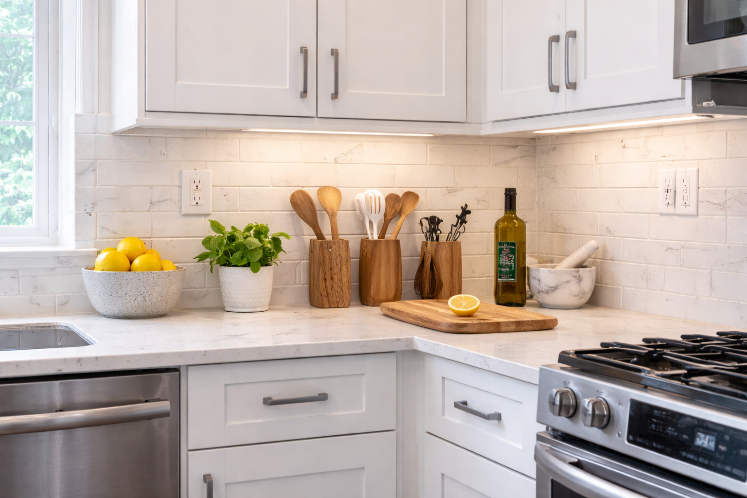 White shaker RTA kitchen cabinets installed in a modern Massachusetts kitchen with quartz countertops and subway tile backsplash